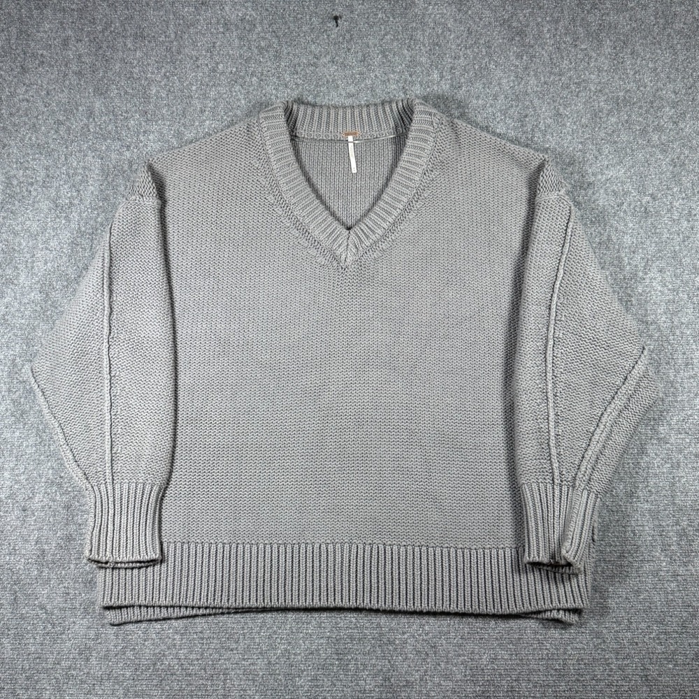 Free People Oversized Alli Chunky Knit V-neck Sweater Titan Gray Size Medium